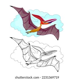 Una página colorida y en blanco y negro para colorear un libro. Ilustración de pterodáctilo volante. Hoja de cálculo imprimible para el libro de ejercicios para niños. Educación en línea. Vector de dibujos animados. Animales para niños.