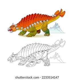 Colorful and black and white page for coloring book. Illustration of ankylosaurus. Printable worksheet for children exercise book. Online education. Clip-art cartoon vector. Animals for kids.