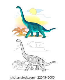 Colorful and black and white page for coloring book. Illustration of brontosaurus. Printable worksheet for children exercise book. Online education. Clip-art cartoon vector. Animals for kids.