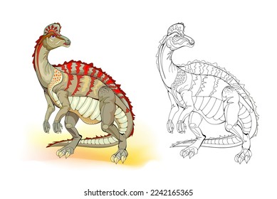 Colorful and black and white page for coloring book. Illustration of corythosaurus. Printable worksheet for children exercise book. Online education. Clip-art cartoon vector. Animals for kids.