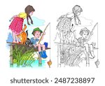 Colorful and black and white page for kids coloring book. Illustration of a boy and a girl fishing on a lake. Worksheet for children and adults. Vector cartoon drawing.