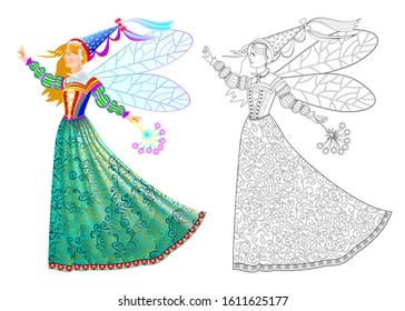 Colorful and black and white page for kids coloring book. Fantasy drawing of beautiful fairyland fairy in fashionable dress with magic wand. Worksheet for children and adults. Vector cartoon image.