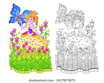 Colorful and black and white page for kids coloring book. Illustration of beautiful little princess playing in flower garden with a butterfly. Worksheet for children and adults. Flat cartoon vector.