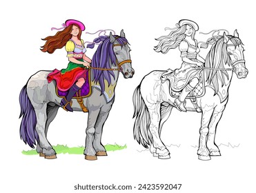 Página en blanco y negro y colorido para los niños coloreando el libro. Ilustración de una hermosa niña feliz montando el caballo. Hoja de trabajo para niños y adultos. Vector plano de dibujos animados.