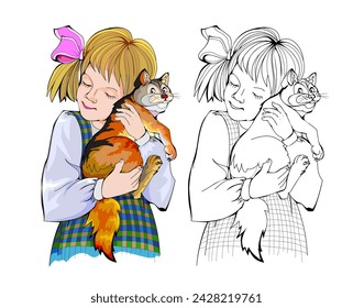 Colorful and black and white page for kids coloring book. Illustration of little girl hugging her favorite cat. Taking care of animals. Worksheet for children and adults. Flat cartoon vector.