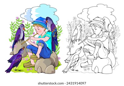 Colorful and black and white page for kids coloring book. Illustration of little peasant boy playing pipe for the forest crows. Worksheet for children and adults. Flat cartoon vector drawing.