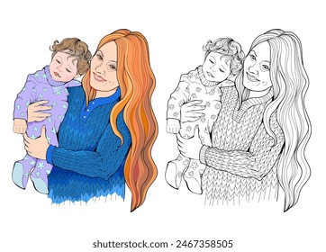 Colorful and black and white page for kids coloring book. Illustration of imaginary young happy mom hugging her baby. Worksheet for children and adults. Flat cartoon vector drawing.