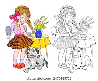 Página colorida y en blanco y negro para niños libro para colorear. Dibujo de la niña linda con su perro. Hoja de trabajo para niños y adultos. Vector plano de dibujos animados. Ilustración del estilo de vida infantil.