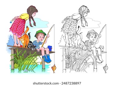 Colorful and black and white page for kids coloring book. Illustration of a boy and a girl fishing on a lake. Worksheet for children and adults. Vector cartoon drawing.