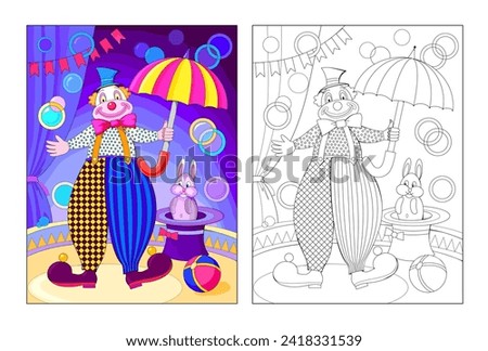 Colorful and black and white page for kids coloring book. Illustration of happy clown at a circus performance. Worksheet for children and adults. Flat cartoon vector.