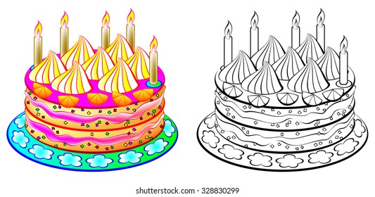 Colorful and black and white pattern cake, vector cartoon image.