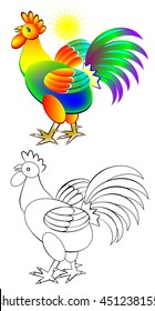 Colorful and black and white pattern cock, vector cartoon image.