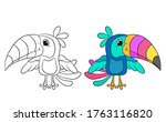 Colorful and black and white pattern for coloring. Illustration of cute toucan. for children and adults. Vector image.