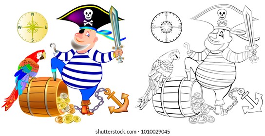 Farbiges, schwarz-weißes Farbmuster. Illustration von lustigen Piraten mit einem Papagei. Arbeitsblatt für Kinder und Erwachsene. Vektorbild