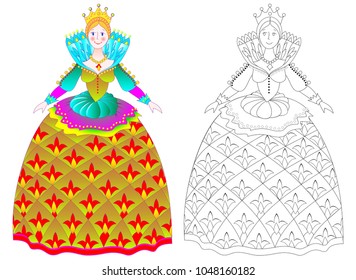 Colorful and black and white pattern for coloring. Illustration of beautiful medieval princess in elegant dress. Worksheet for children and adults. Vector image.