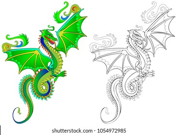 Colorful and black and white pattern for coloring. Illustration of fantasy fairyland dragon. Worksheet for children and adults. Vector image.