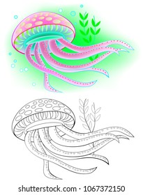 Colorful and black and white pattern for coloring. Illustration of swimming jellyfish. Worksheet for children and adults. Vector image.