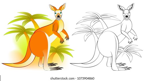 Colorful and black and white pattern for coloring. Illustration of cute kangaroo. Worksheet for children and adults. Vector image.