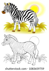 Colorful and black and white pattern for coloring. Illustration of cute zebra. Worksheet for children and adults. Vector image.