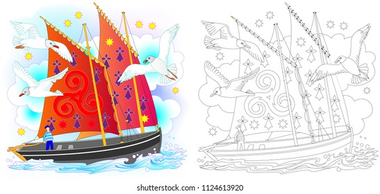 Colorful and black and white pattern for coloring. Fantasy drawing of ancient Celtic sailboat. Worksheet for children and adults. Vector image.