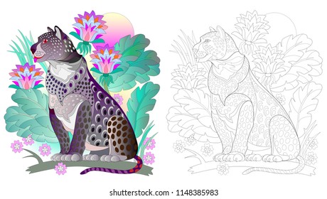 Colorful and black and white pattern for coloring. Fantasy drawing of black leopard in fantasy tropical environment. Worksheet for children and adults. Vector image.