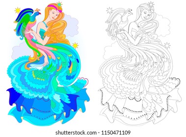 Colorful and black and white pattern for coloring. Fantasy drawing of beautiful fairy with fire-bird. Worksheet for children and adults. Vector image.