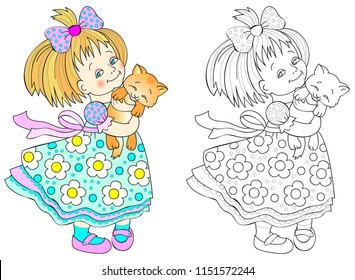 Colorful and black and white pattern for coloring. Drawing of cute little girl holding a kitten. Worksheet for children and adults. Vector image.