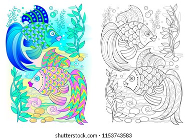 Colorful and black and white pattern for coloring. Drawing of couple of fishes dancing underwater. Worksheet for children and adults. Vector cartoon image.