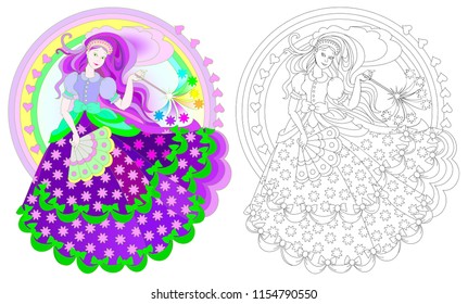 Colorful and black and white pattern for coloring. Illustration of beautiful medieval princess holding magic wand. Worksheet for children and adults. Vector image.