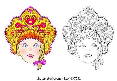 Colorful and black and white pattern for coloring. Illustration of beautiful Russian girl. Worksheet for children and adults. Vector image.