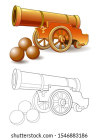 Colorful and black and white pattern for coloring. Fantasy illustration of ancient military cannon and cores for firing. Worksheet for coloring book for children and adults. Vector image.