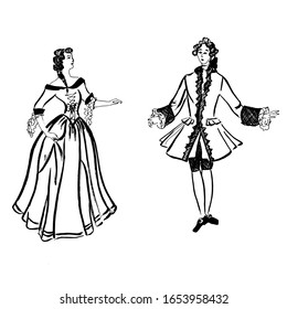 Colorful Black And White Pattern For Coloring. Illustration Of A Girl And A Guy Dancing An Old Dance. Minuet. Coloring Pages For Children And Adults. Vector Image. Wedding Decoration. Circuit.