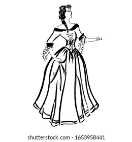 Colorful black and white pattern for coloring. Illustration of a girl dancing an old dance. Minuet. Coloring pages for children and adults. Vector image. wedding decoration. Circuit.