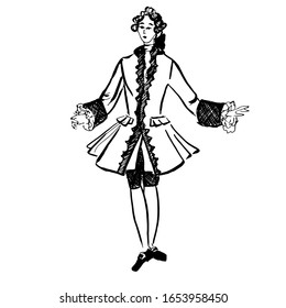 Colorful black and white pattern for coloring. Illustration of a man dancing an old dance. Minuet. Coloring pages for children and adults. Vector image. wedding decoration. Circuit.