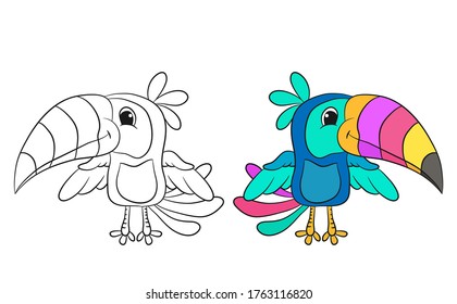 Colorful and black and white pattern for coloring. Illustration of cute toucan. for children and adults. Vector image.