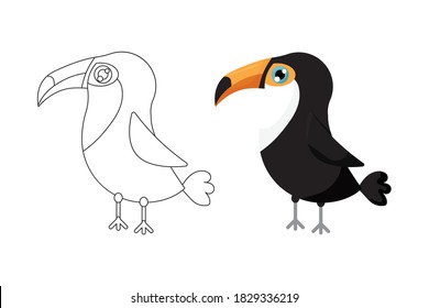 Colorful and black and white pattern for coloring. Illustration of cute toucan. Worksheet for children and adults. 