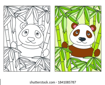 Colorful and black and white pattern for coloring. Cute panda in bamboo forest. Coloring book and colorful clipart character. Vector EPS8