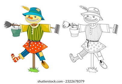 Colorful and black and white pattern for coloring. Illustration of cute garden scarecrow. Worksheet for coloring book for children and adults. Vector drawing.