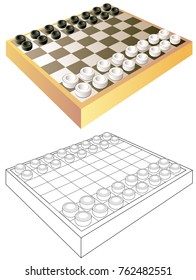 Colorful and black and white pattern for coloring. Board for playing checkers. Worksheet for children and adults. Vector image.