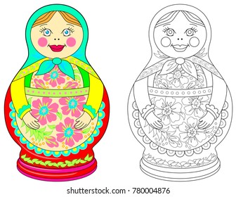 Colorful and black and white pattern for coloring. Illustration of Russian doll. Worksheet for children and adults. Vector image.