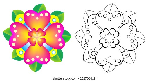 Colorful and black and white pattern flower, vector cartoon image