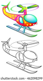 Colorful and black and white pattern of flying helicopter, vector cartoon image.