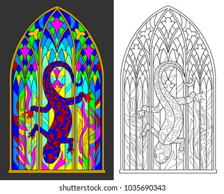 Colorful and black and white pattern of Gothic stained glass window with salamander and flames. Worksheet for children and adults. Vector image.