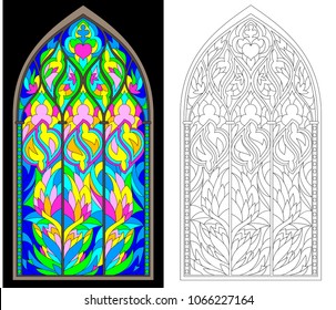 Colorful and black and white pattern of Gothic stained glass window. Worksheet for children and adults. Vector image.