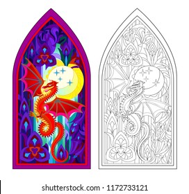 Colorful and black and white pattern of Gothic stained glass window with red dragon. Worksheet for children and adults. Vector image.