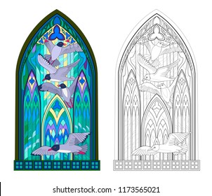 Colorful and black and white pattern of Gothic stained glass window with flying seagulls. Worksheet for children and adults. Vector image.