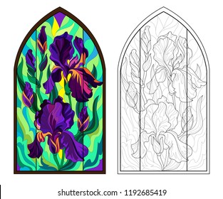 Colorful and black and white pattern of Gothic stained glass window with beautiful irises. Worksheet for coloring book for children and adults. Vector image.