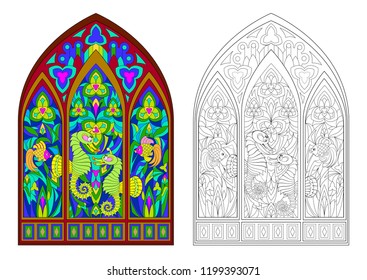 Colorful and black and white pattern of Gothic stained glass window with beautiful underwater life. Worksheet for coloring book for children and adults. Vector image.