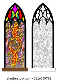 Colorful and black and white pattern of Gothic stained glass window with salamander in fire flame. Worksheet for coloring book for children and adults. Vector image.