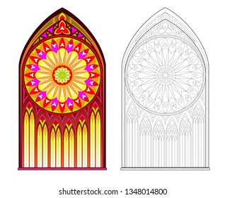 Colorful and black and white pattern of Gothic stained glass window with beautiful rose. Printable worksheet for coloring book. Medieval architectural style in Western Europe. Vector image.